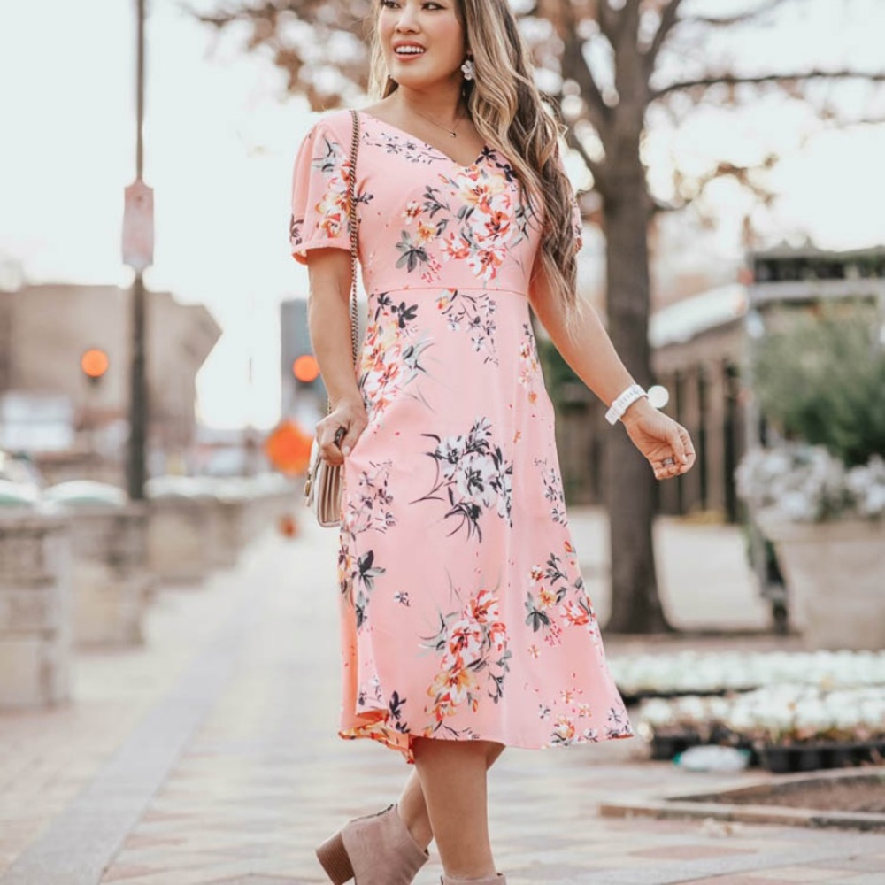 Loft pink midi dress puff sleeves